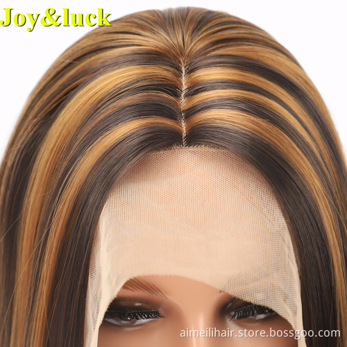 Brown Highlight Blonde Front Lace Wholesale Price Wigs For Women Natural Straight Short Bob Cut Lace Front Synthetic Ladies Hair